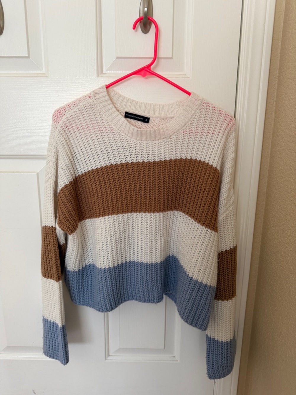Striped Knit Crewneck Sweater - Cream, Brown & Blue
